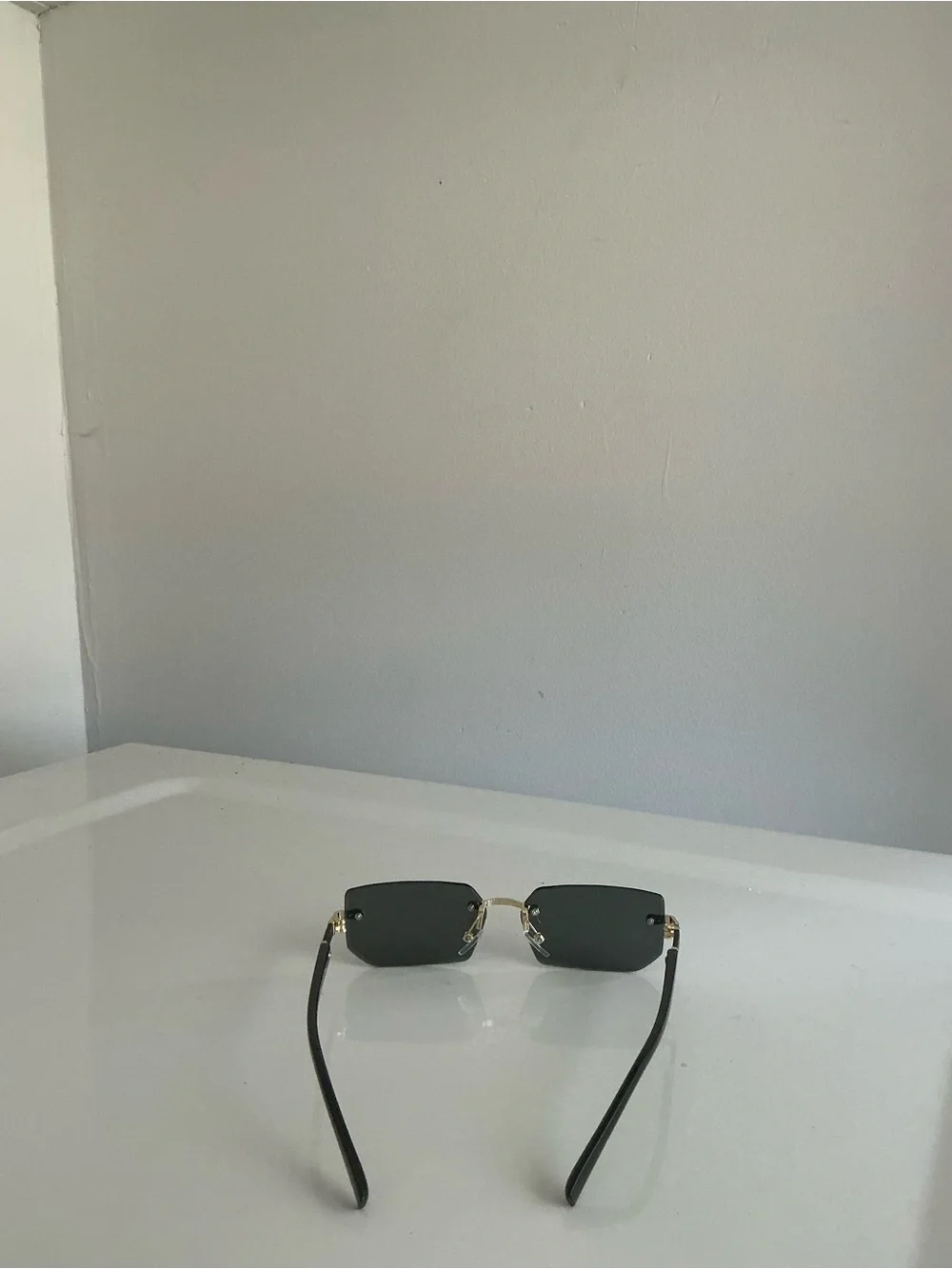 Men's Rimless Rectangle Sunglasses in Dark Green and Gold